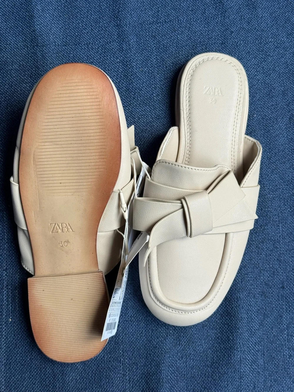 Zara Kids NWT Bow Flat Mules Beige Faux Leather Slip On Loafer Shoes Size US 12.